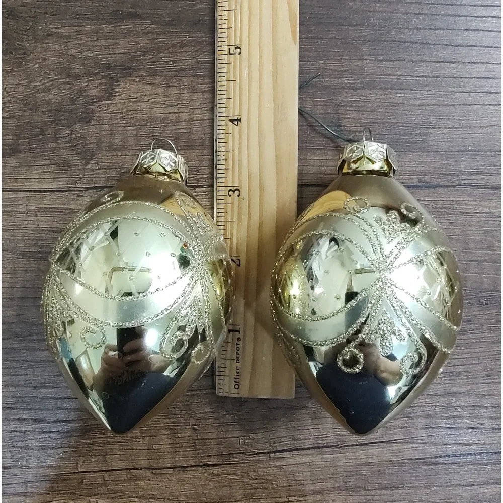 Gold Orn Mercury Glass Christmas Ornament Lot Of 2 Glitter Vintage A17